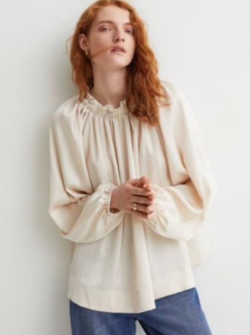 NWOT H&M Women's Ruffle Neck Balloon Sleeve Silky Peasant Blouse Cream Color XXL